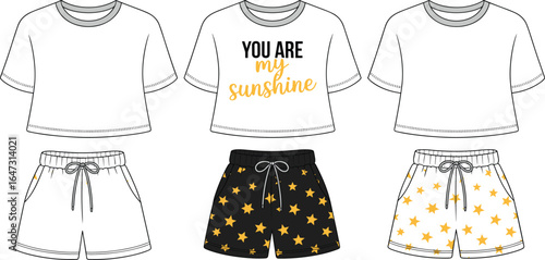 Cute girls pajama set, star print shorts, crop top t-shirt, bedtime outfit design, flat sketch, sleepwear vector template