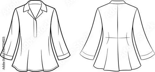 Women’s flared blouse technical fashion flat sketch, three quarter sleeve, front and back view, collar detail, flowy hem design, vector template, garment outline, clothing illustration