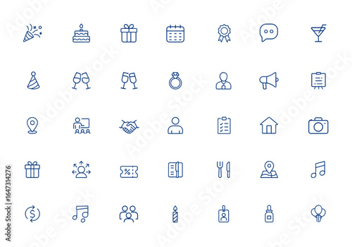 Event planning line icons with editable stroke for party, anniversary, birthday, wedding, seminar, celebration, gift, coordination, ticket, volunteer, workshop, calendar, invitation, balloon and more.