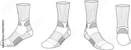 Sport performance socks fashion technical flat sketch, front side and back view, detailed knitting pattern, ribbed cuffs, athletic wear accessory design template, footwear illustration, CAD drawing 