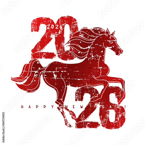 red horse symbol of the 2026 new year with a grunge outline and texture isolated on a white background. inscription with numbers and letters, brutal design. stock vector illustration. EPS 10.