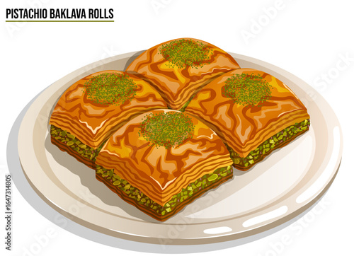 Traditional Baklava Pistachio Rolls - Authentic Middle Eastern Layered Pastry Dessert on a Plate