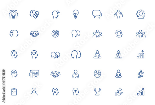 Editable stroke vector illustration of soft skills icons featuring teamwork, communication, creativity, adaptability, leadership, collaboration, personal growth, and professional development