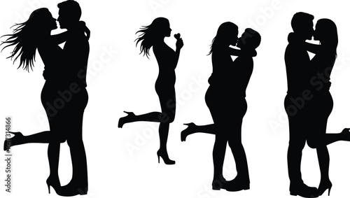 Romantic couple silhouette, kissing, hugging, love expression, woman eating ice cream, affectionate moment, dating scene, relationship vector illustration