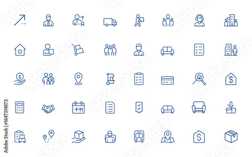 Editable linear icons for moving, transport, business, traders, networking, corporation, people, staff, customer service, rental, packaging, property, furniture, budget, checklist, payment and more.