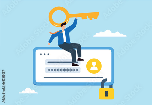 Flat illustration of businessman hold key sit on user account login strong padlock secure online authentication cybersecurity high protection safety data privacy