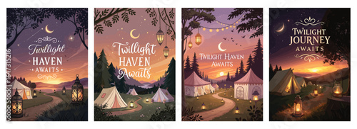 Enchanting twilight scenes depicting tents and lanterns under a beautiful night sky.