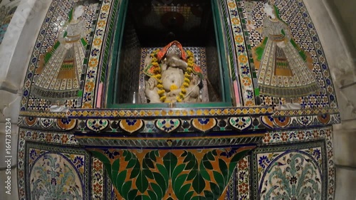 Colorful Glass Mosaic Art with White Marble Ganesha Statue in Udaipur City Palace Interior Design