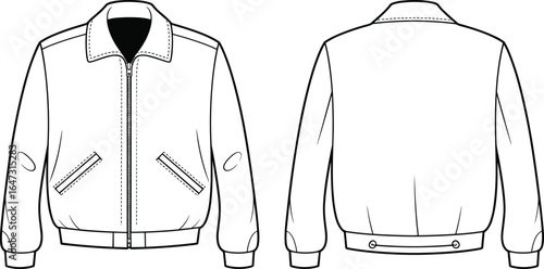 Men’s bomber jacket technical flat sketch, zip front closure, pointed collar, long sleeves, side pockets, ribbed cuffs and hem, fashion design template, outerwear clothing illustration, CAD 