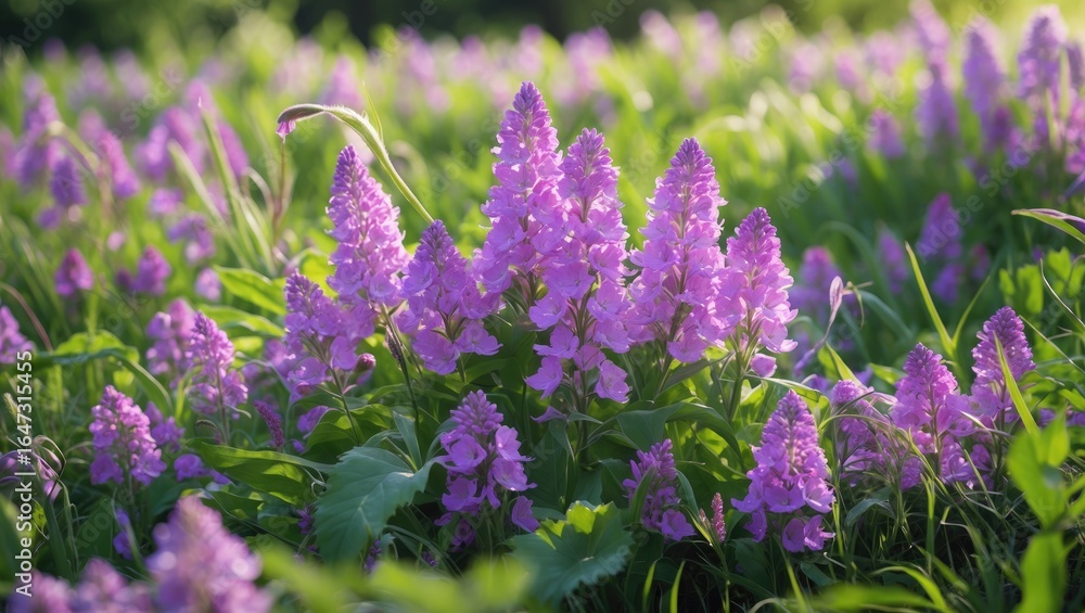 Obraz premium Purple flowers in a garden with green leaves and sunlight.