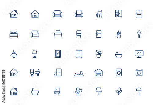 Editable icon pack featuring home appliances, furniture, and houses for interior design, real estate, household items, decoration, living space, architecture, lifestyle, vector illustration and more.