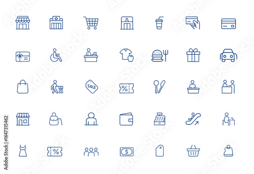 Editable shopping mall icon pack: supermarket, department store, shopping cart, food court, escalator, payment, credit card, gift card, wheelchair, cashier, clothing, vector illustration and more.