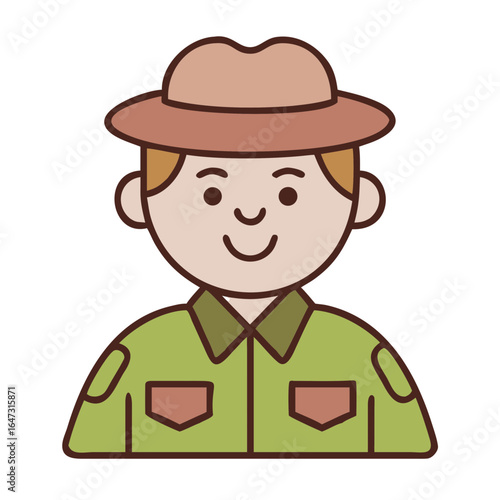 Smiling park ranger in a green shirt and brown hat.
