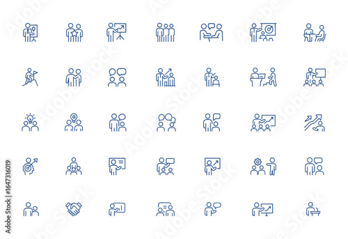 Editable coaching line icon set for business, leadership, training, teamwork, counseling, adviser, client, workshop, communication, management, support, growth, career, goal and more.