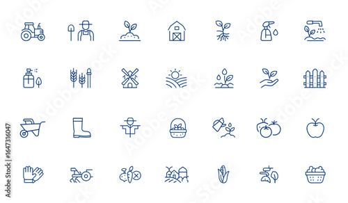 Editable stroke agriculture icons featuring farming, farmer, crops, and agricultural equipment. Vector illustration with precise line art for farming tools, harvest, planting, rural and more.