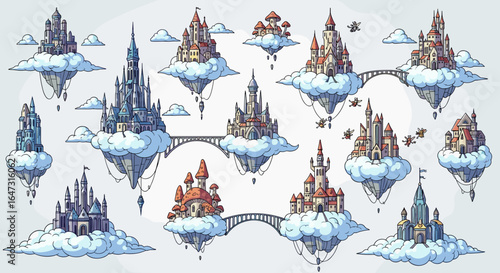 Illustration featuring an array of fantasy castles floating on clouds with bridges connecting them all
