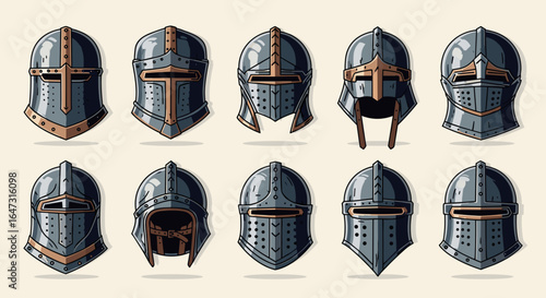Collection of ten medieval knight helmets with varying designs and metal finishes arranged in two rows
