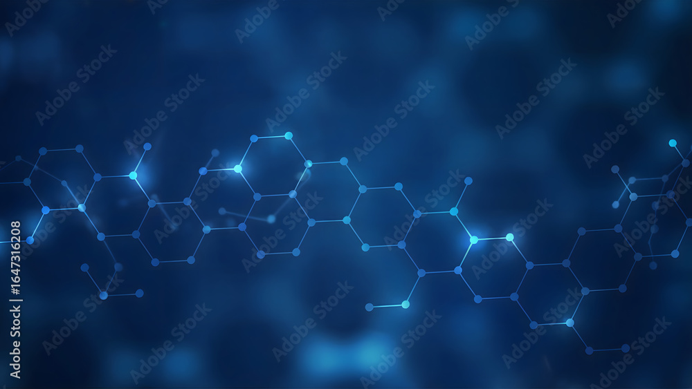 Obraz premium Abstract blue background featuring interconnected hexagons and glowing dots for science visualization