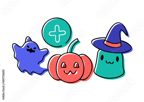 Cute Halloween ghosts and pumpkin, plus sign.
