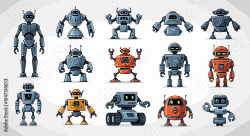 Collection of cartoon robots with different designs and colors standing in a group together