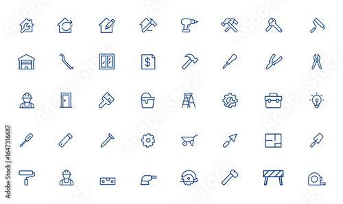 Editable renovation icon pack for house restoration, property makeover, DIY building, construction tools, carpenter equipment, hammer, drill, paint, window, garage, budget, toolbox and more.