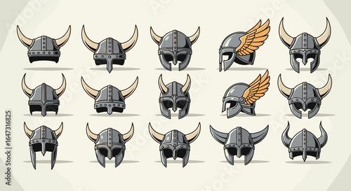 Collection of viking helmets with horns and wings in various styles and perspectives on a light background