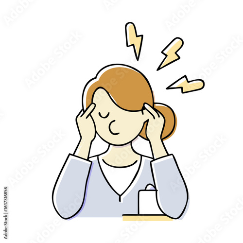 Woman with headache, clutching temples in distress.
