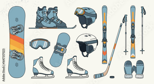 Collection of winter sports equipment including skis snowboard ice skates and hockey gear isolated