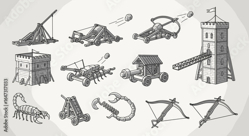 Illustration of medieval siege weapons including catapults, ballistae, scorpions and towers on white background