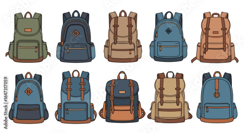 Collection of ten different colored backpacks arranged in two rows on a white background style