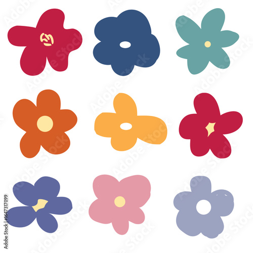 set of colorful flowers icon, Collection of nine abstract flower illustrations with simple rounded petals floral.