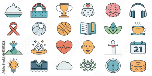 Mental Health and Wellness Icon Collection with Self-Care, Therapy, Mindfulness, and Support Symbols