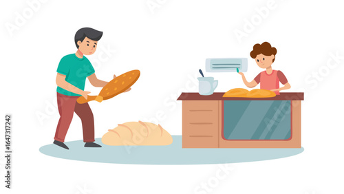 Man confronts baker, holding loaf of bread. Dispute over bread.
