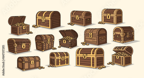 A collection of cartoon treasure chests with gold coins scattered around them on a light background image