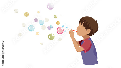 Boy blows colorful bubbles, joyful and carefree.
