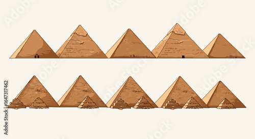 Illustration of two rows of pyramids with varying sizes and heights on a light background scene view