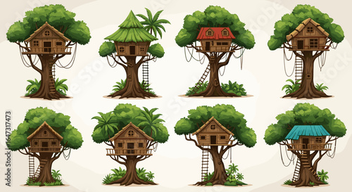 Illustration of eight cartoon treehouses with ladders and green foliage on a light beige background