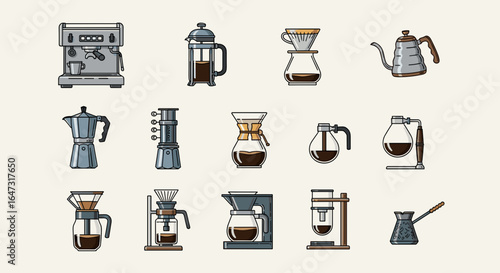 Collection of various coffee brewing methods including espresso machine and pour over setups shown
