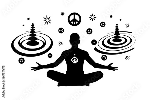 A meditating figure, peace symbols, and swirling water, representing inner harmony.
