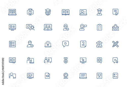 Online learning and e-learning icon pack for study, training, remote education, personal computer, video tutorial, teacher, student, graduation, qualification, chat, exam, school and more.
