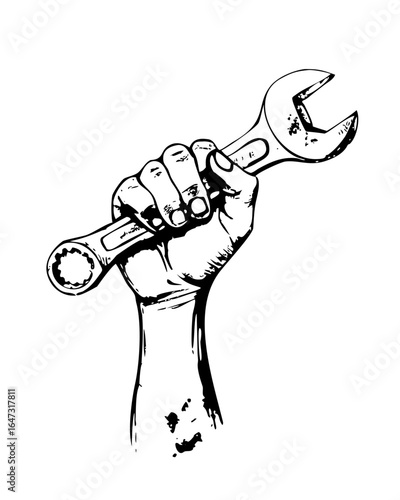 A hand holds a wrench, symbolizing labor and repair.
