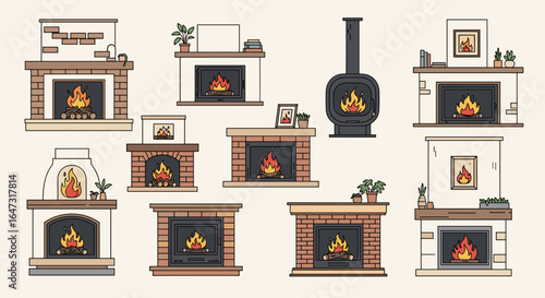 Collection of ten different fireplaces with burning flames and various mantel decorations displayed