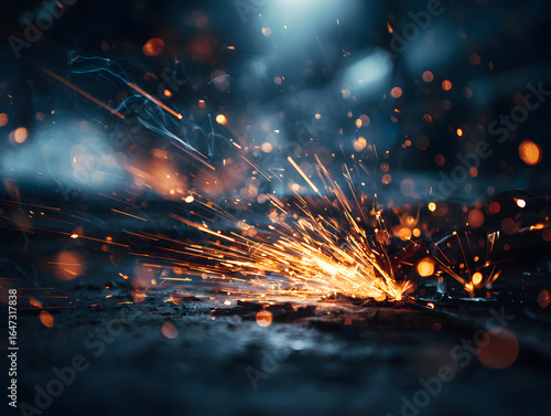 Dynamic sparks fly creating a vibrant fiery spectacle against a dark atmospheric background