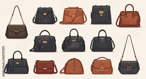 Collection of twelve fashionable handbags in varying styles and colors arranged on a neutral background