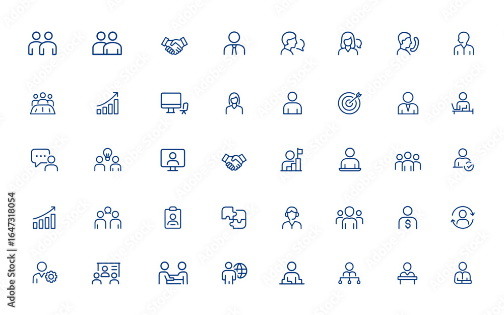 Naklejka premium Editable business and work icon collection teamwork, corporation, handshake, employee, meeting, marketing, office, interview, cooperation, success, personal computer, staff and more.