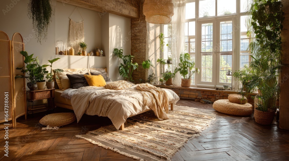 Obraz premium Bright boho bedroom with textured rugs and potted plants on wooden floor