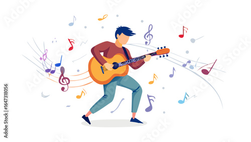 A man plays a guitar, surrounded by musical notes.
