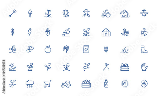 Vector illustration of editable stroke agriculture icons including farming tools, crops, farmer, and agricultural equipment with modern line art, rural, harvest, organic and more.