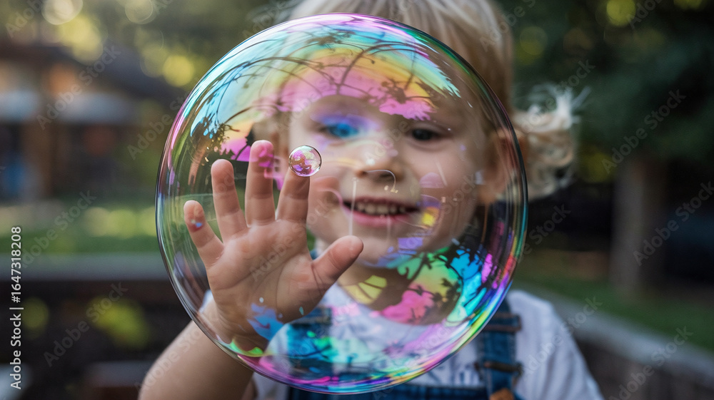 A bubble pops on a child’s finger A bubble pops on a child’s finger