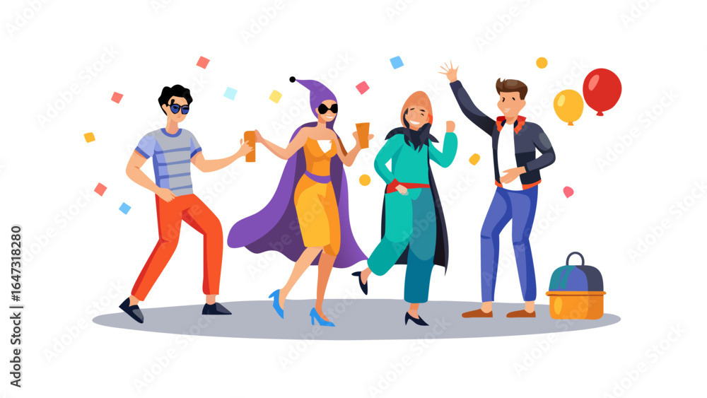 Fototapeta premium Four people in costumes, dancing and celebrating. 